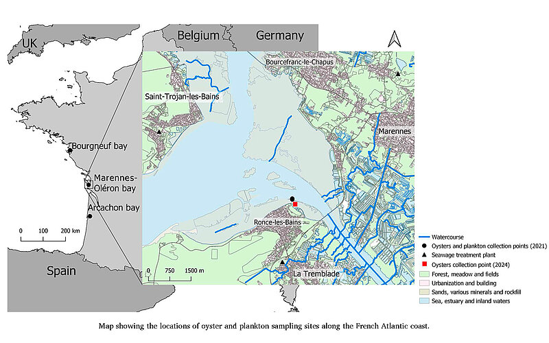 Map showing the locations of oyster and plankton sampling sites along the French Atlantic coast